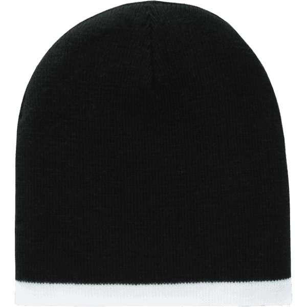 A black striped beanie with a white band at the bottom, featuring a logo.