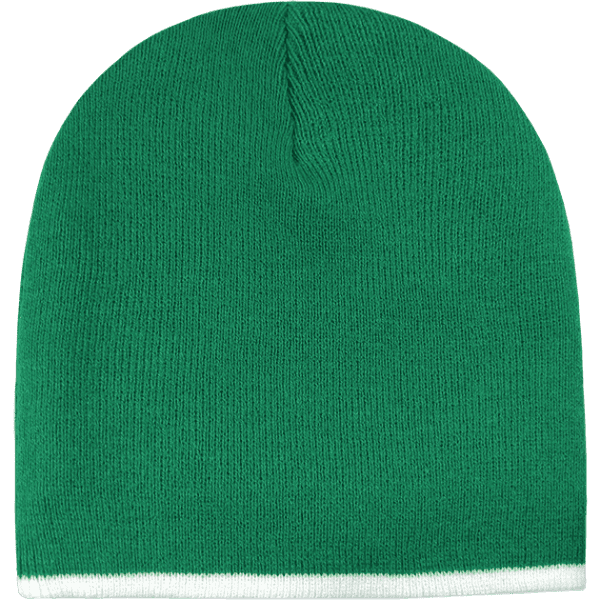 A green striped short beanie with a white band at the bottom. It features a simple knitted design.