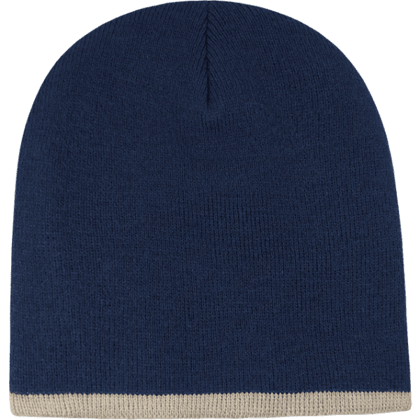 A navy striped short beanie with a patterned beige band at the bottom. It has a simple design and a soft texture.