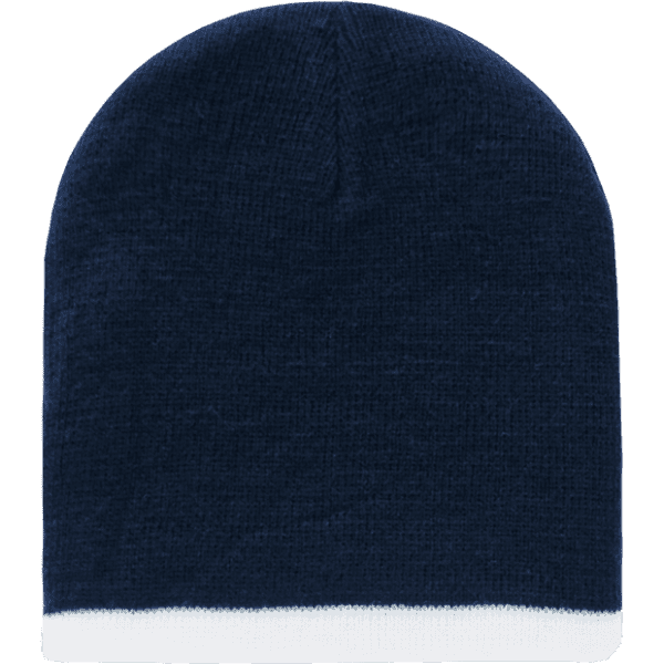 A striped short beanie in navy blue with a white band at the bottom. It has a simple, textured design.