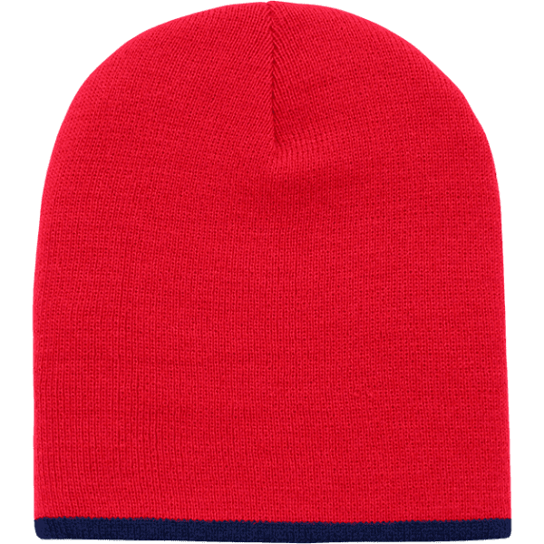 A red beanie with a navy blue stripe at the bottom, featuring a smooth texture and a fitted design.