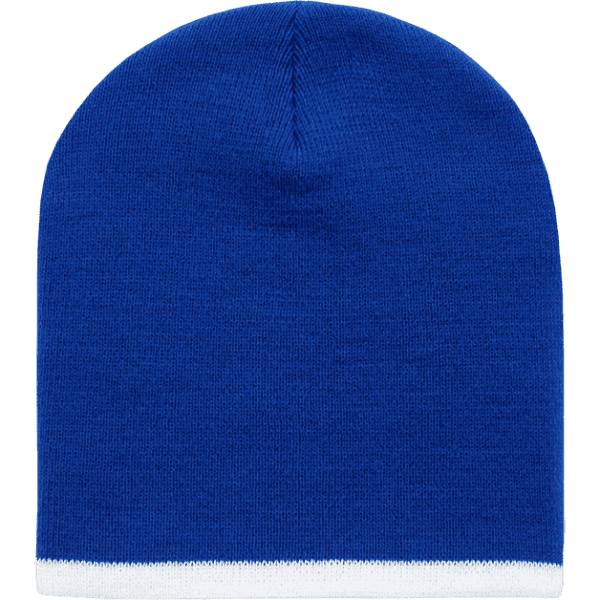 A striped short beanie in blue with a white stripe at the bottom. Features a logo on the side.
