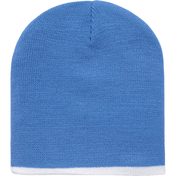 A striped short beanie in blue with a white band at the bottom, featuring a knitted texture.