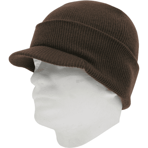 A brown beanie hat displayed on a white mannequin head, featuring a rolled brim design.