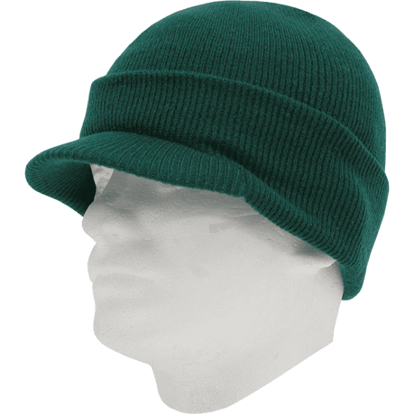 A hat with a knitted design in deep green, featuring a wide brim and a snug fit.