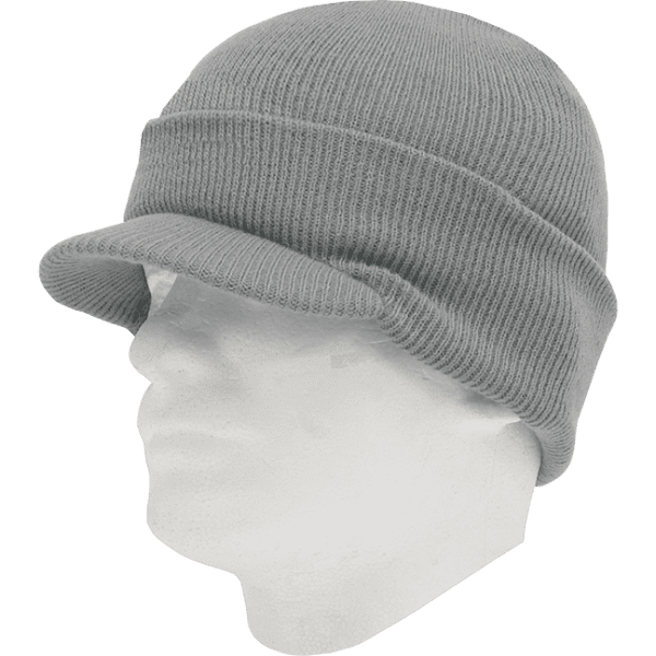 A grey beanie with a brim, worn on a mannequin head. The material is ribbed and knitted.