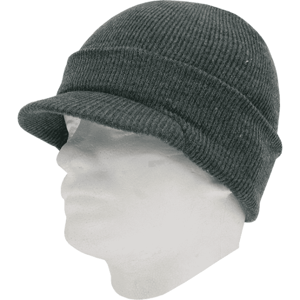 A grey knitted hat featuring a soft brim, displayed on a mannequin head.