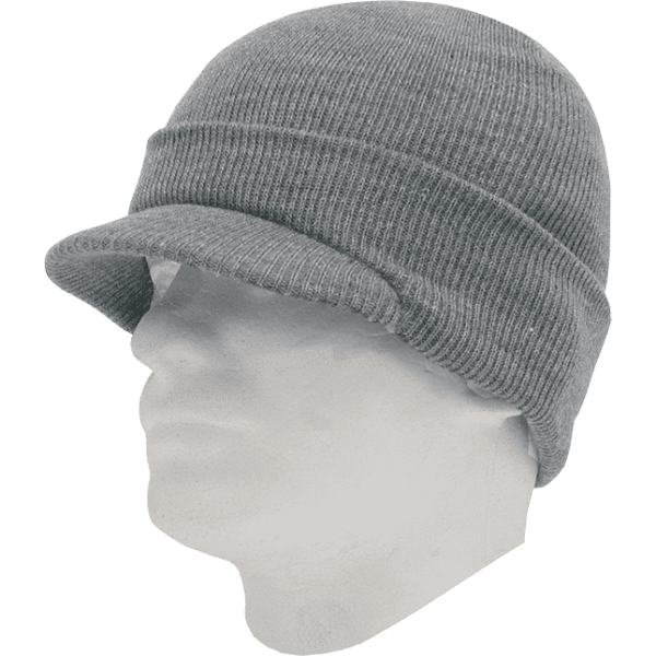 A grey beanie hat with a turned-up brim, displayed on a head model.