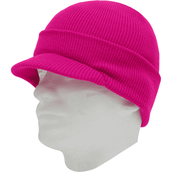 A knit beanie in vibrant pink with a wide brim, displayed on a white mannequin head.