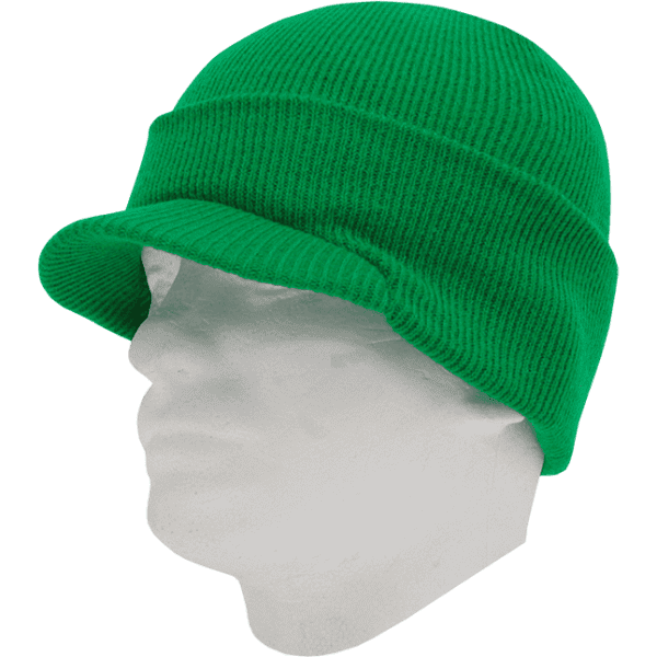 A green beanie displayed on a white mannequin head. The beanie features a ribbed texture and a rolled brim.