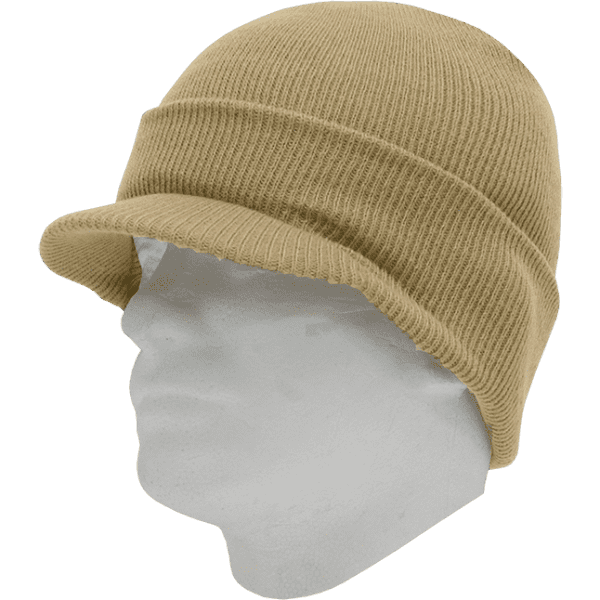 A beanie in a light tan colour with a rolled brim, displayed on a white mannequin head.