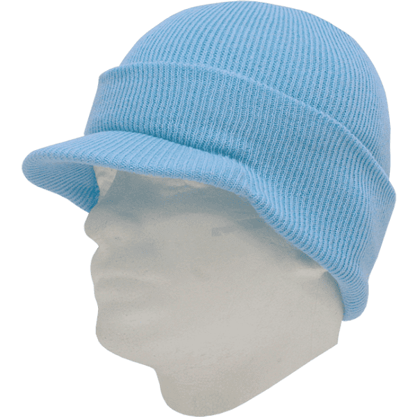 A blue knit hat with a wide brim, displayed on a mannequin head against a transparent background.