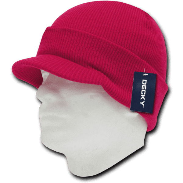 A red ribbed bucket hat displayed on a mannequin head, featuring a brand label.