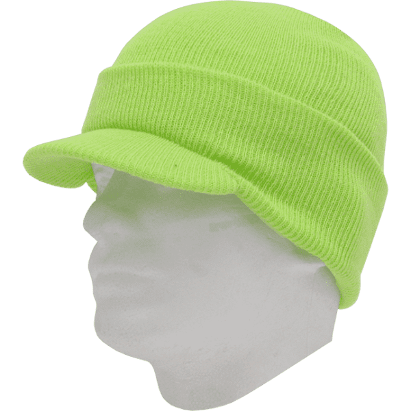 A beanie hat in bright neon green with a folded brim, displayed on a white mannequin head.