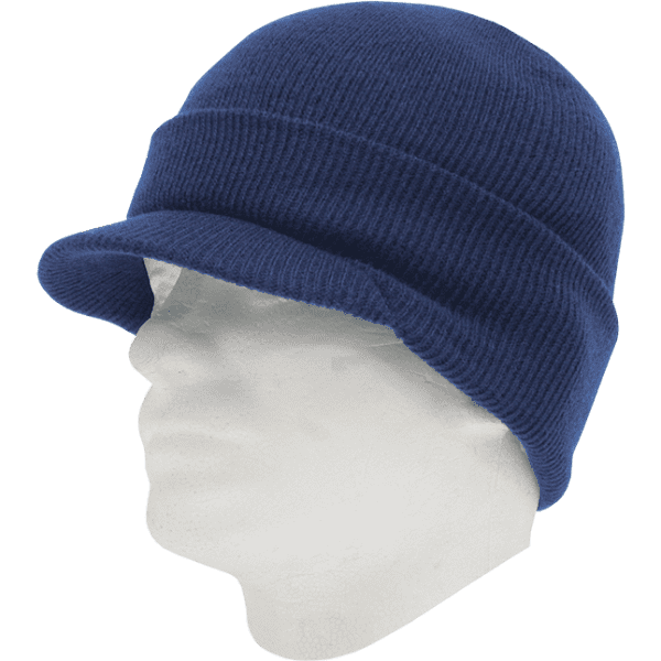 A navy beanie hat displayed on a head form, featuring a rolled brim and ribbed texture.