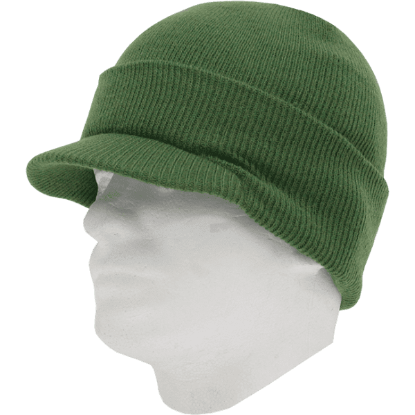 A green knitted beanie displayed on a mannequin head, featuring a rolled brim design.