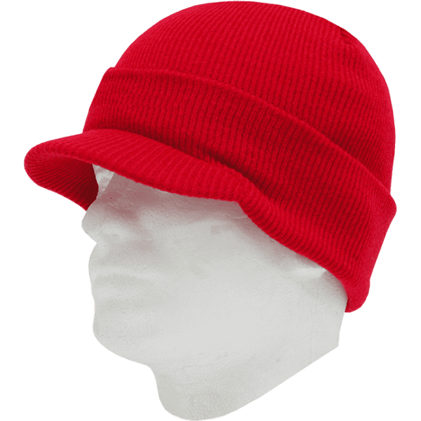 A red beanie hat with a wide brim, displayed on a white mannequin head.
