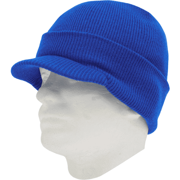 A blue knitted bucket hat displayed on a white mannequin head.
