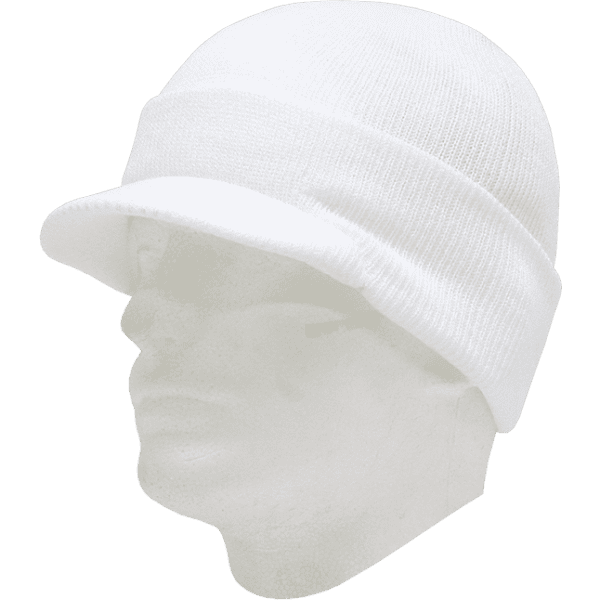 A white beanie hat with a brim, displayed on a mannequin head. The design is simple and classic.