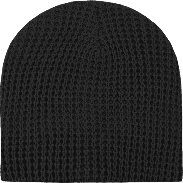 A black waffle beanie with a textured knit design, featuring a branding logo.
