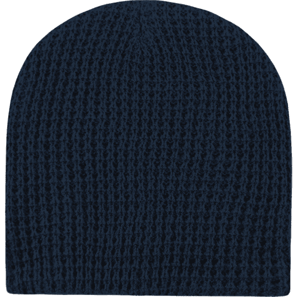 A navy waffle-patterned beanie with a soft, textured appearance and no visible logos.