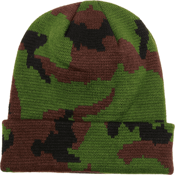 A green, brown, and black camo long beanie with a folded brim and a logo.