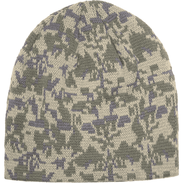A camo short beanie in beige, grey, and purple with a patterned design and a logo.