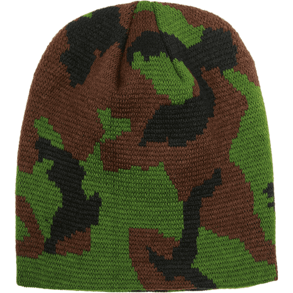 A camo short beanie featuring a blend of brown, green, and black colours with a textured knit pattern.