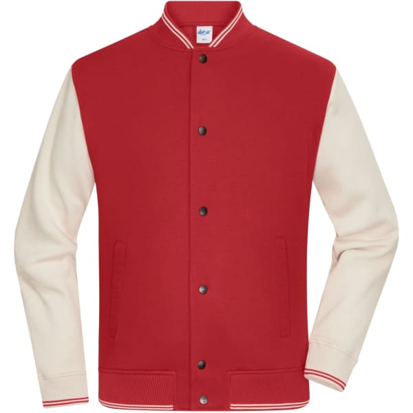 A red and cream college jacket with a ribbed collar, buttons, and side pockets. It features a logo on the label.
