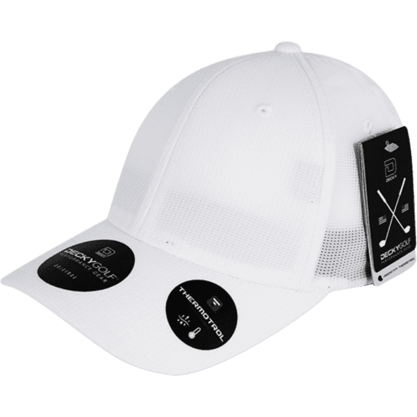 A white cap with mesh panels and a logo tag, designed for headwear.