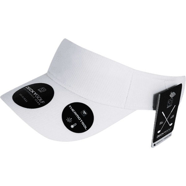 A white sun visor with a wide brim and a tag attached, featuring a logo and circular stickers.