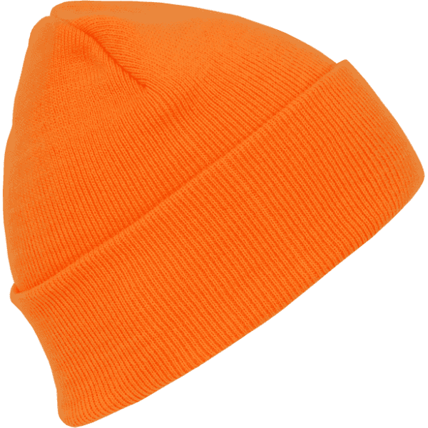 An orange acrylic beanie with a folded cuff and a smooth texture. It features a branding logo.