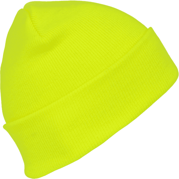 A long neon acrylic beanie in bright yellow, featuring a folded cuff and a smooth texture.