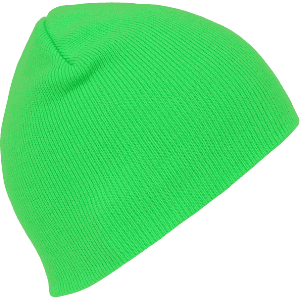 A neon green acrylic short beanie displayed at an angle, showcasing its ribbed texture and vibrant colour.