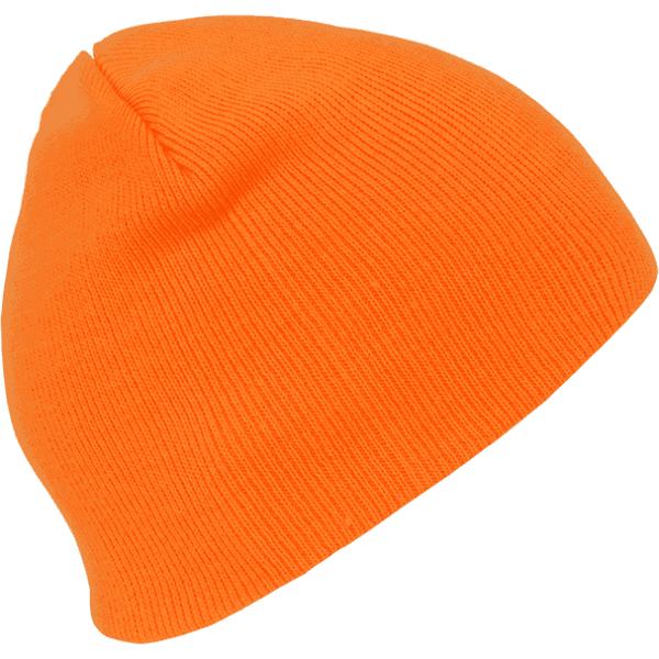 A short neon acrylic beanie in bright orange, featuring a simple design and a snug fit.