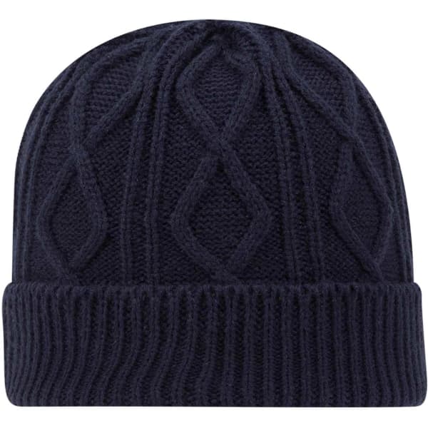 A cable knit beanie in dark navy, featuring a textured pattern and a ribbed cuff. It has a branding logo.
