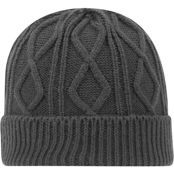A cable knit beanie in dark grey featuring a textured design and a ribbed cuff.