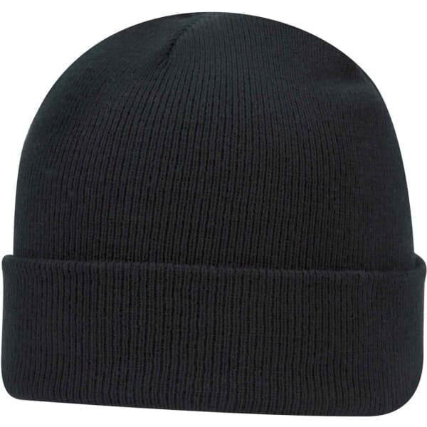 A black beanie with a ribbed texture and rolled cuff, featuring a logo.