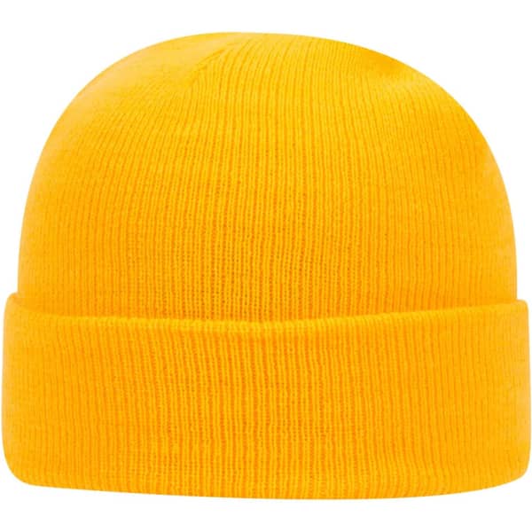 A yellow beanie with a folded brim and soft knit fabric. It features a logo on one side.