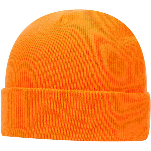 An orange beanie featuring a knitted design and a rolled brim, with a branding logo visible.