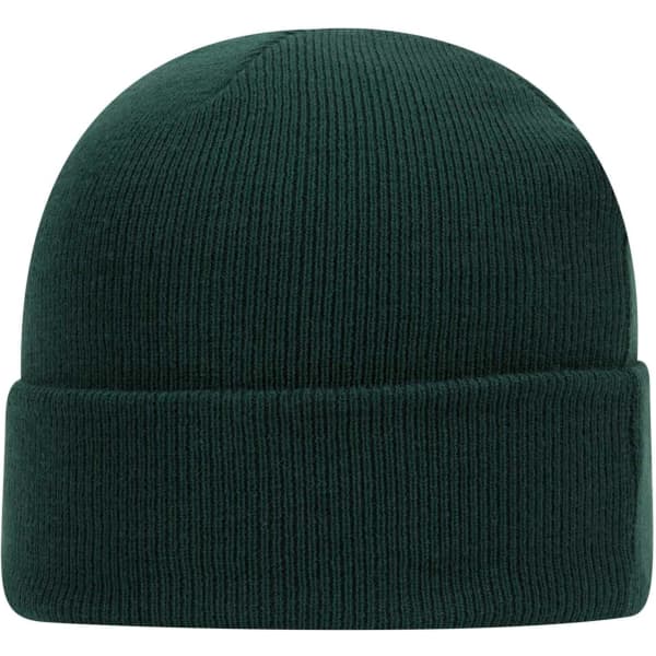A dark green beanie featuring a ribbed texture and a rolled cuff, with a logo on the side.