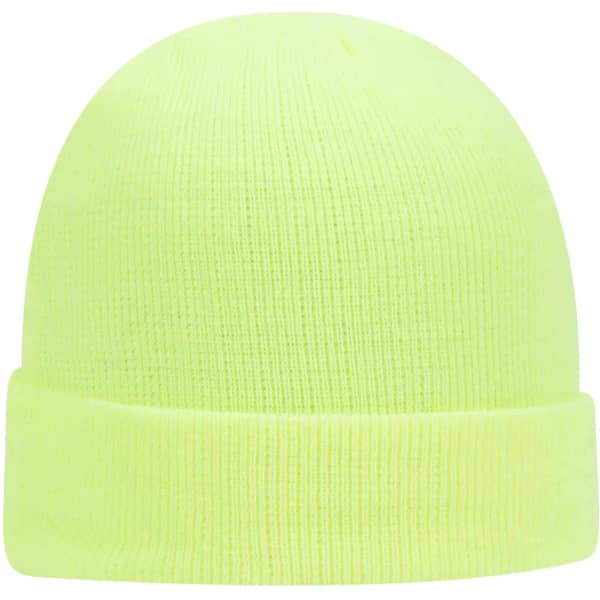 A bright yellow beanie with a rolled cuff and a textured knit design. It features a logo on the side.