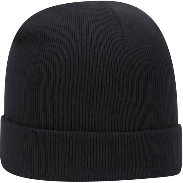 A black beanie with a ribbed texture and a folded cuff, featuring a logo.