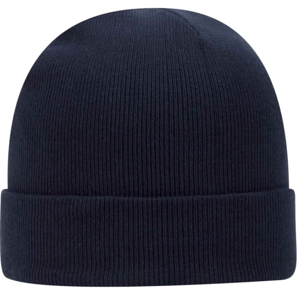 A navy beanie with a ribbed texture and a folded cuff, featuring a logo on the side.