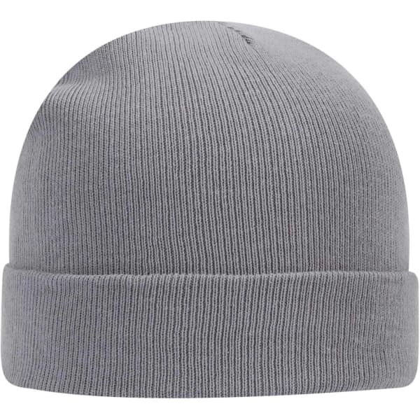 A grey beanie with a folded cuff, featuring a seamless, knitted design and a logo.