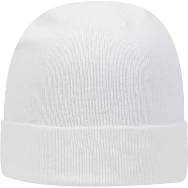 A white knitted beanie with a folded cuff, featuring a simple design and texture. It has a branding logo.