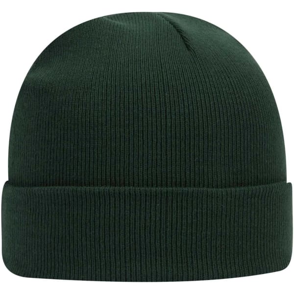 A green beanie with a ribbed texture and a folded cuff. It features branding on the side.
