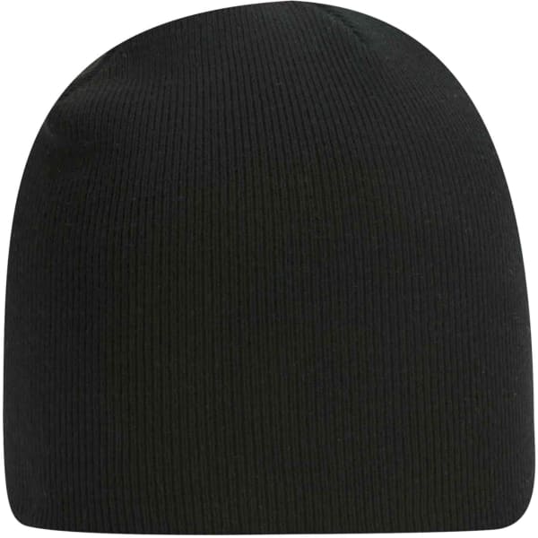 A black beanie with a ribbed texture, featuring a logo on the side.