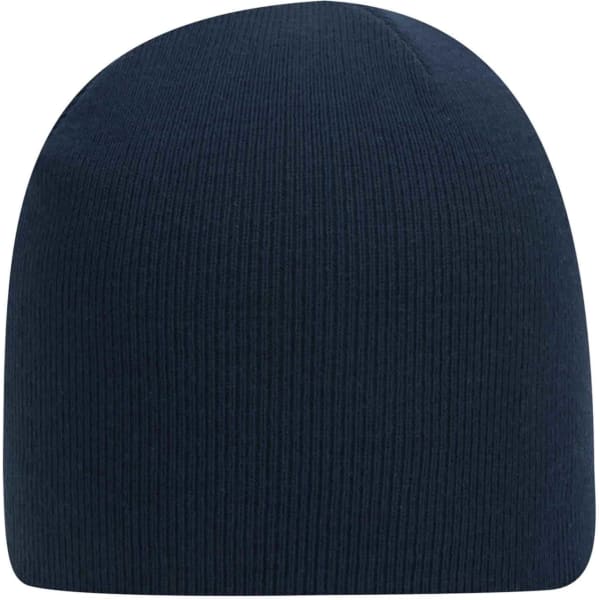 A navy beanie with a ribbed texture and a rounded top, featuring a branding logo.