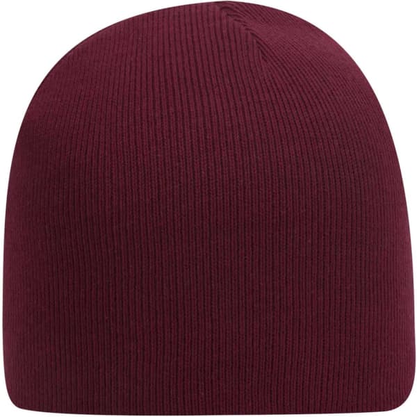A maroon beanie with a ribbed texture and a smooth top, featuring a logo on the side.
